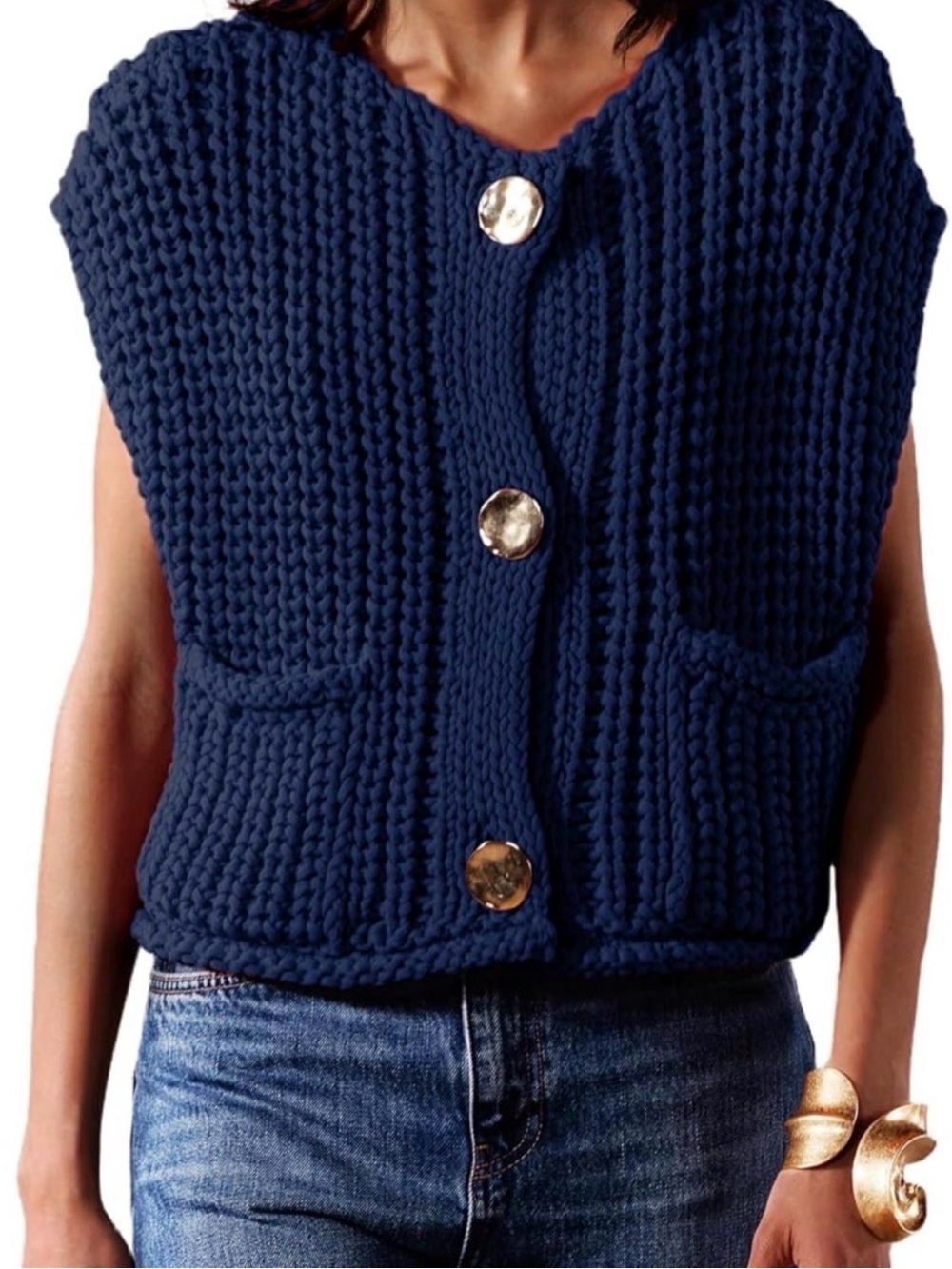 Chunky Knit Button-Front Vest Sweater - Navy